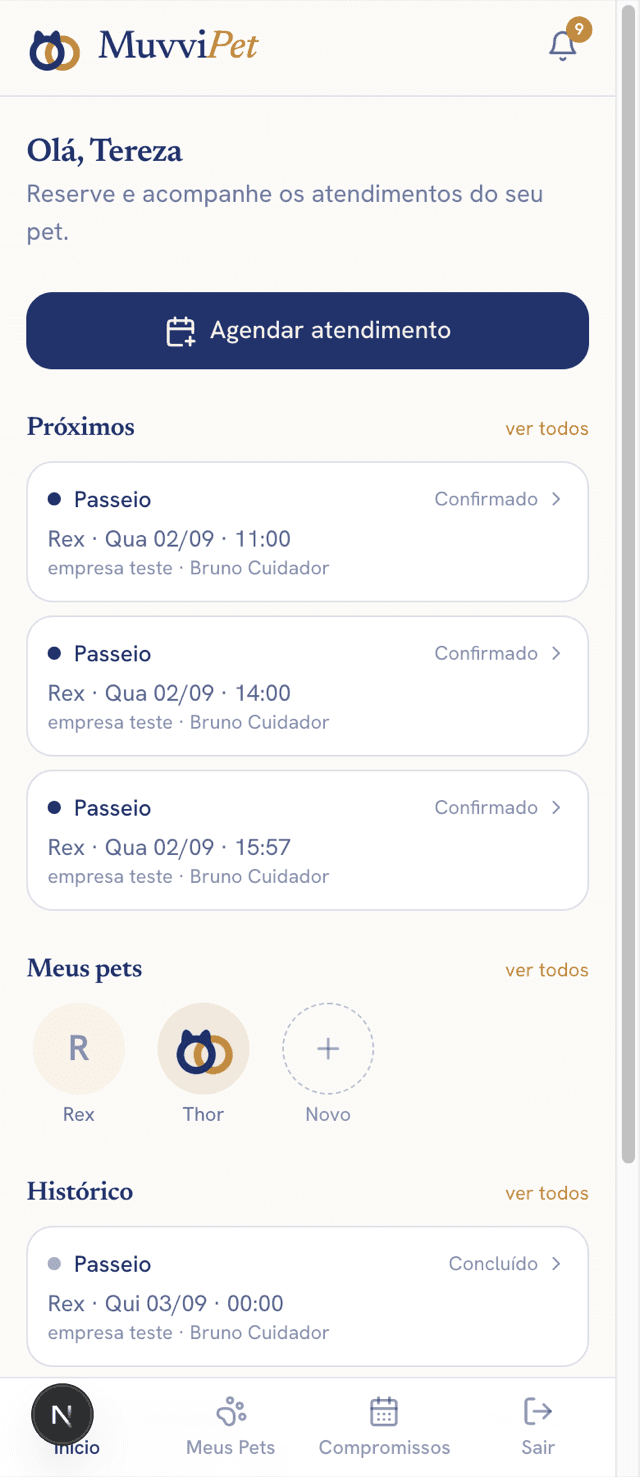 Tela inicial do app: próximos atendimentos e a lista de pets